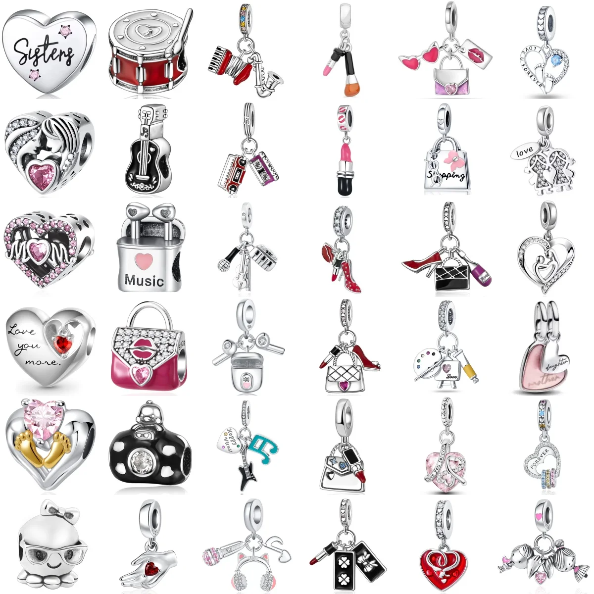 Latest S925 Silver Microphone Drum Guitar Makeup Tool Bag Charm Pendant Fit for Bracelet Necklace DIY Girls Fashion Fine Jewelry