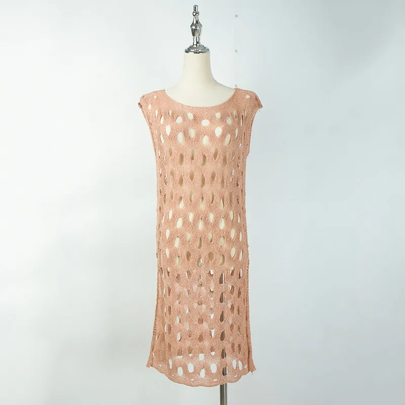 Robe tricotée au Crochet pour femmes, Sexy, ajourée, vêtements de plage, bikini, Cover-Up, mode, col rond, tenues de vacances, noir et blanc