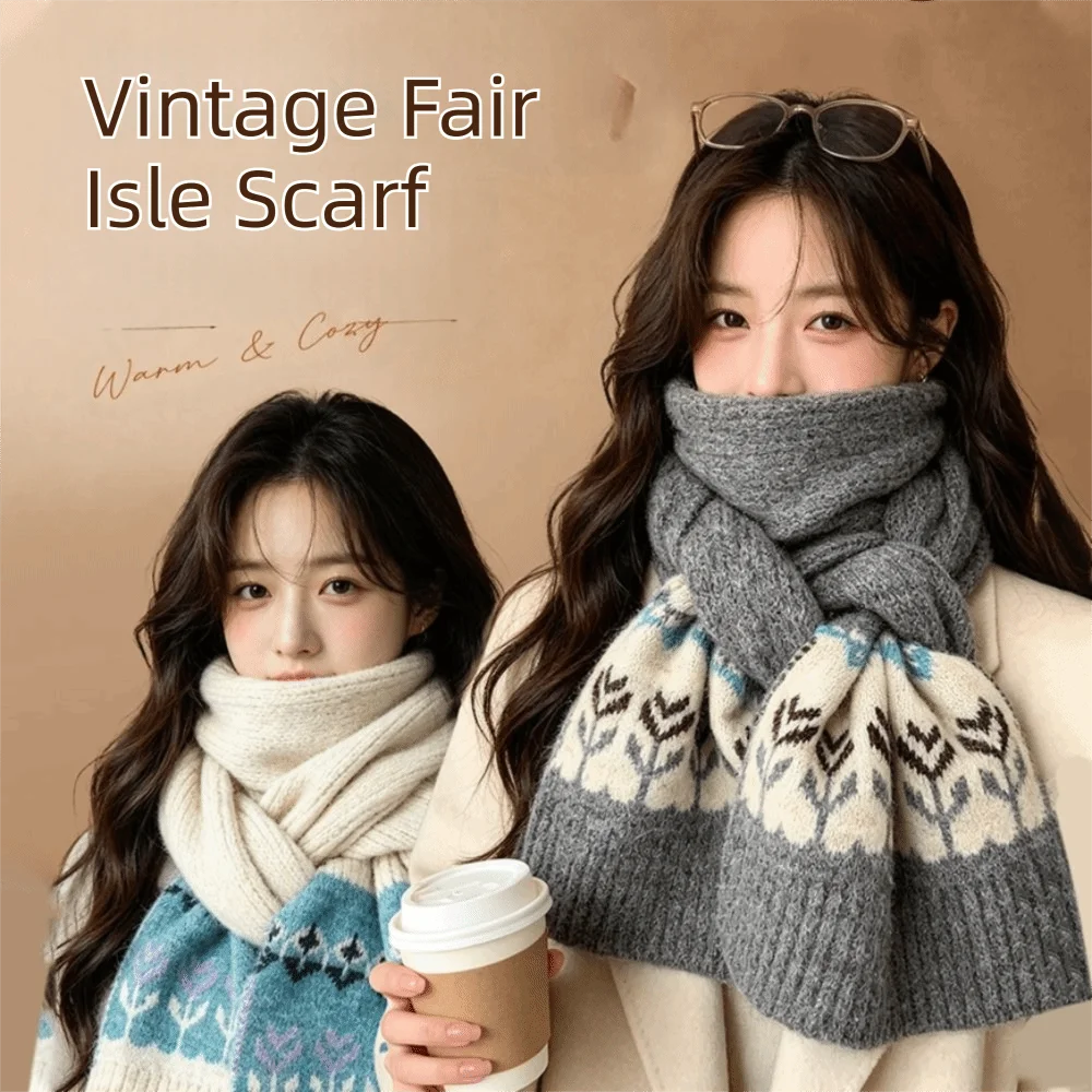 Eleganter Woll-Jacquard-Strickschal, verdickter Winter-Kaschmirschal, verdickter Schal im floralen Fair-Isle-Stil, Studentenschal – Detail 6