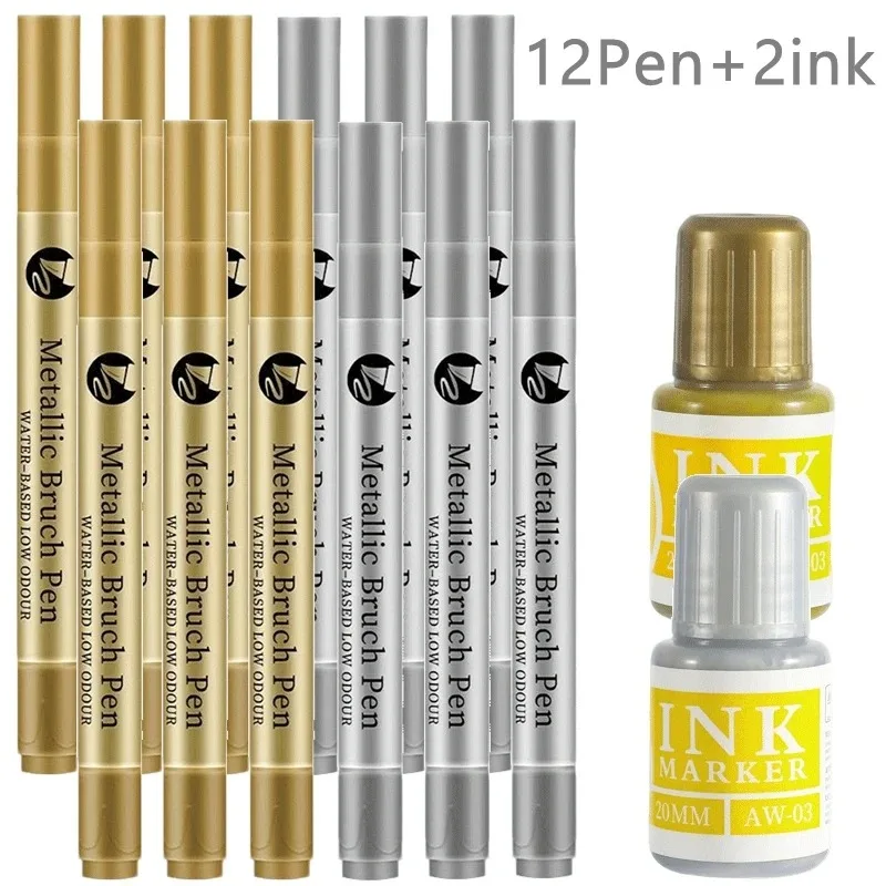 1/10/24Pcs Refillable Metallic Paint Marker Pens Ink Set Gold Silver Brush Permanent Art Markers for Glass Ceramics Resin Crafts