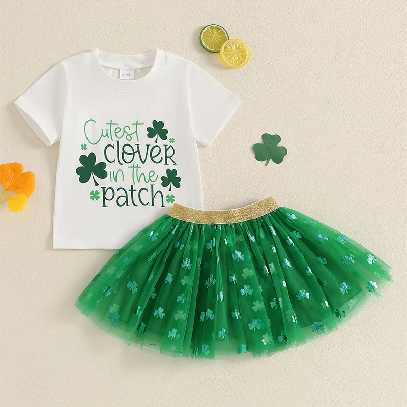 

Toddler Girl St Patrick s Day Outfits Shamrock Print Crew Neck Short Sleeve T-Shirts Tops Tutu Skirt 2Pcs Clothing Set