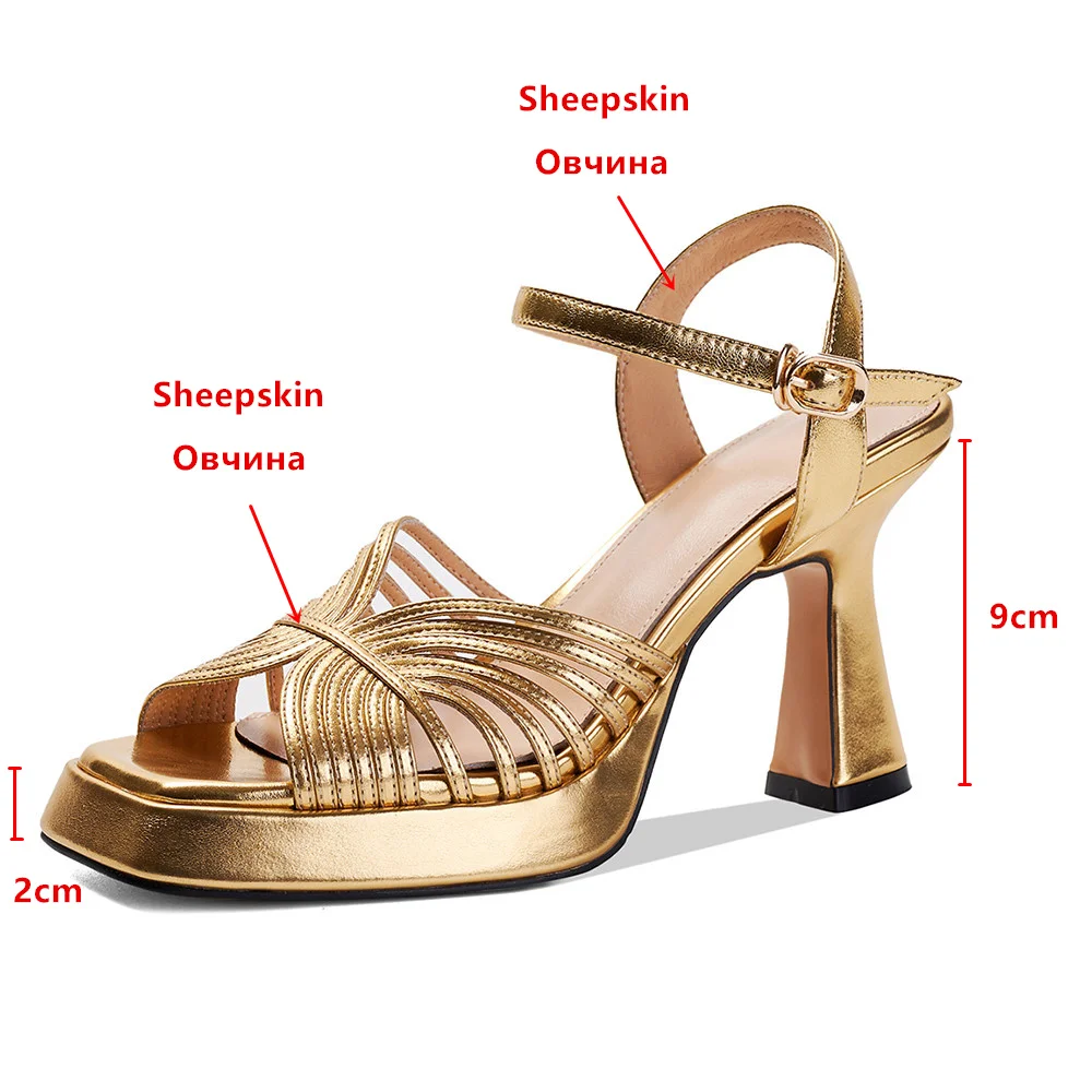 Aucegi Trendy Women Elegant Chunky High Heel Sandals Summer New Platform Roman Square Toe Buckle Ankle Strap Dress Shoes Gold