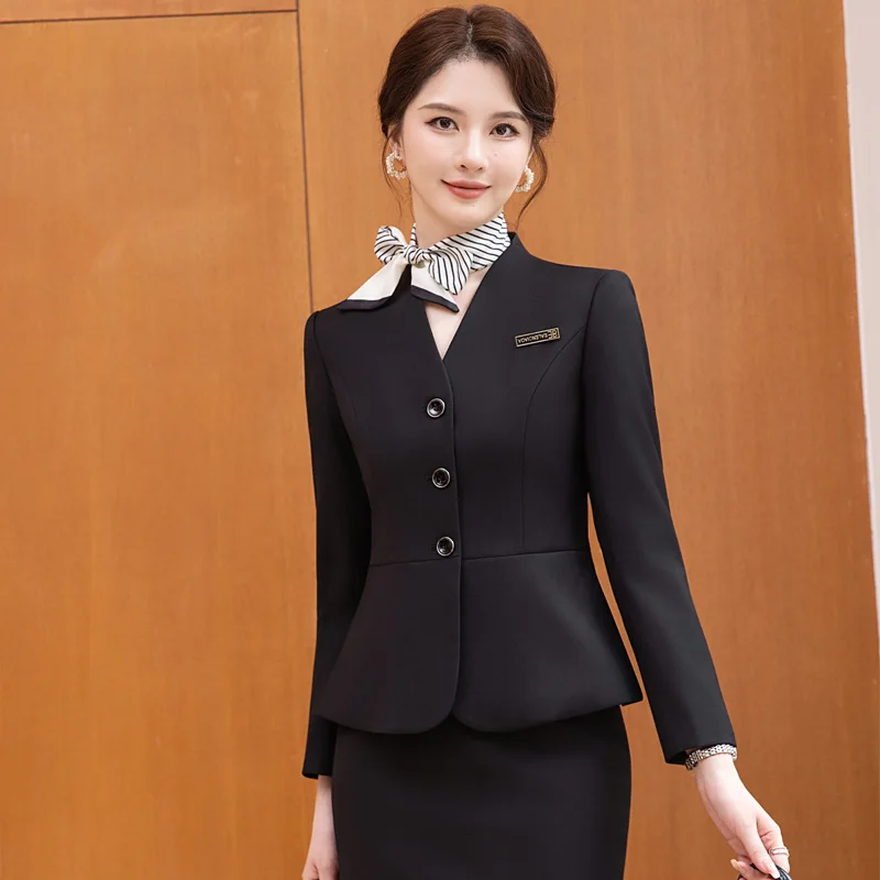 Navu elegante feminino ternos novo temperamento com decote em v negócios formal fino único botão blazer e saia escritório senhoras trabalho wear