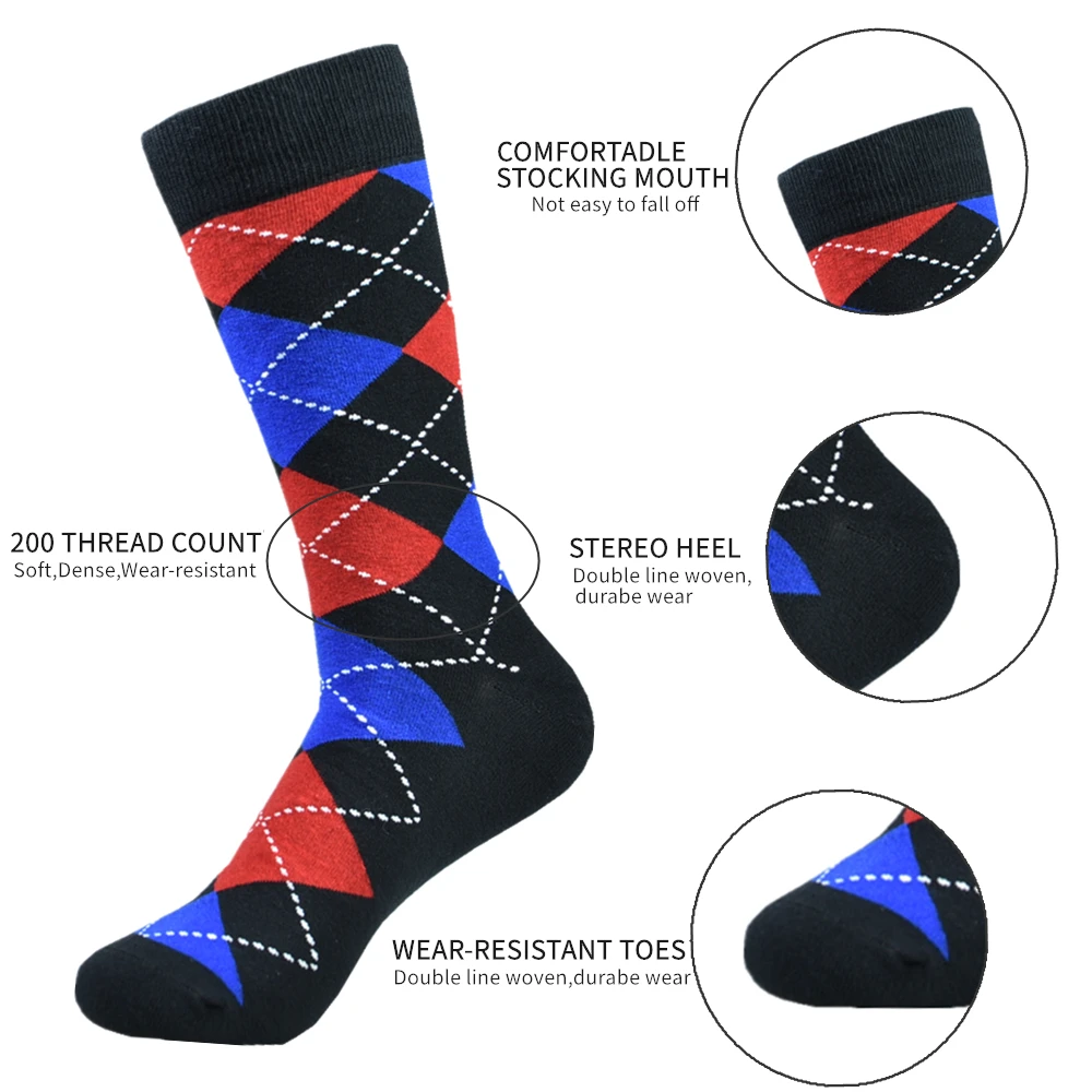 5pairs Men's Cotton Argyle Color Block Soft Crew Socks, Men's Business Socks, Multicolor Set