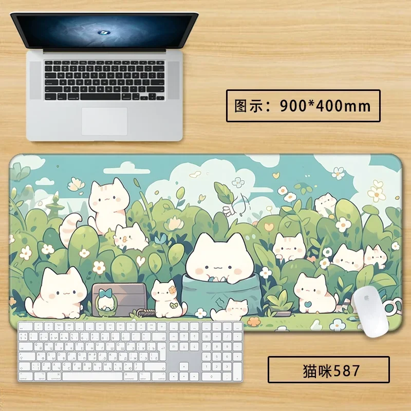 Kawaii Cartoon-Katze, großes Mauspad – XXL-grüne, augenschonende lange Schreibtischunterlage für Büro und Arbeitszimmer, rutschfeste Gaming-Tastaturabdeckung