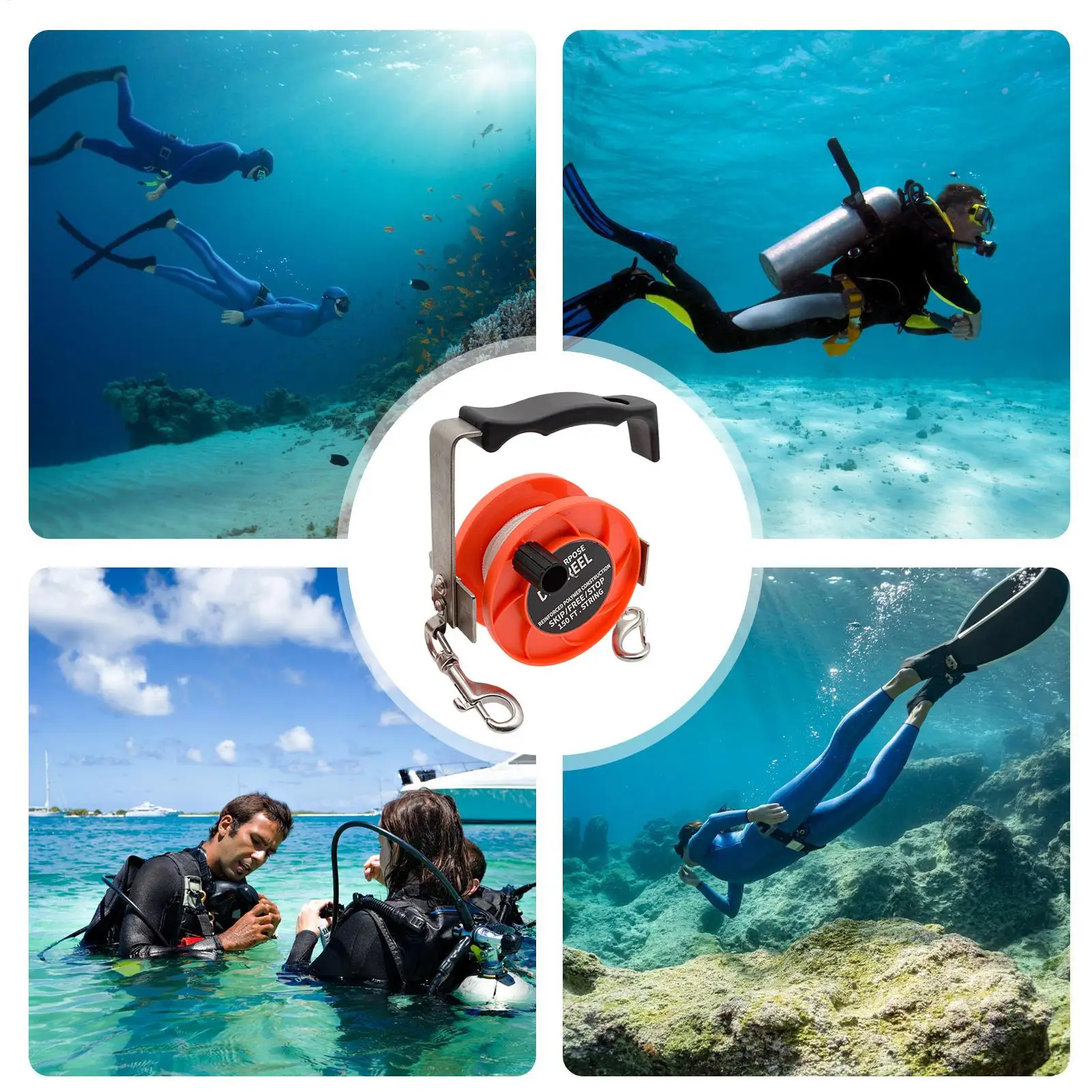 بكرة الغوص بكرة 290FT مريحة شديدة التحمل قابلة للتعديل من النايلون بكرة غوص ثابتة للغطس قارب صيد الأسماك في الهواء الطلق على الشاطئ