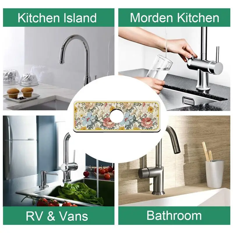 Kitchen Faucet Splash Guard Diatom Mud Floral Pattern Splash Guard Mat For Kitchen Quick Draining Pad Behind Faucet Countertop