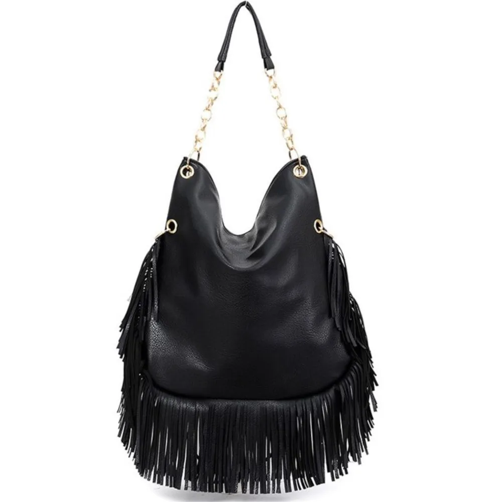 JIAERDI Vintage Beading Black Handbag Women Large Capacity Tassel Casual Shoulder Bags Female Retro Soft Leather Handbags Purses