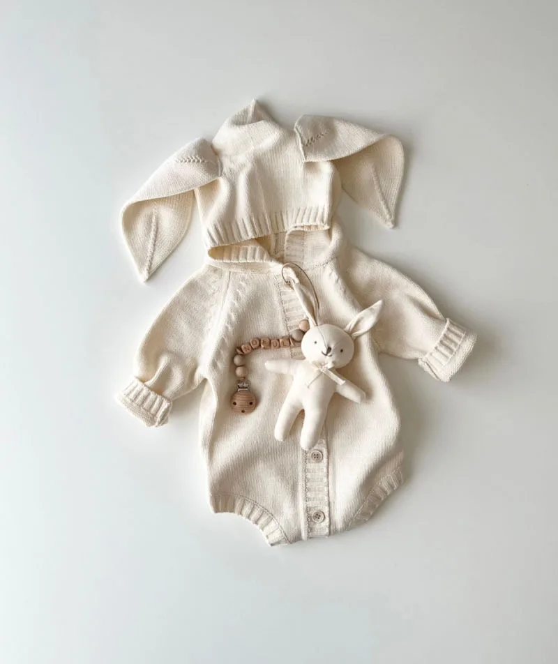 Knitted Baby Romper Newborn Hooded Baby Girl Boy Romper Clothes With Bunny Ear Cotton Infant Sweater Romper Toddler Jumpsuit