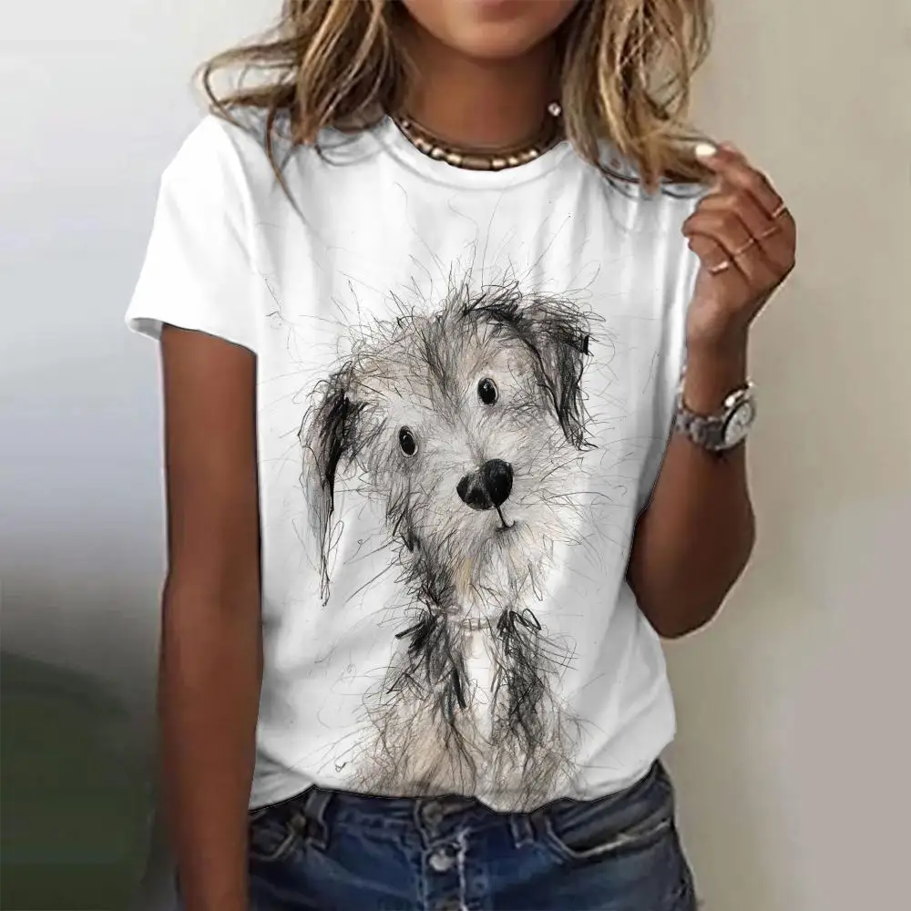 Funny Little Dog Print Women's T-Shirts O-Neck Top Short Pullover Sleeved Fashion Casual Oversize Tee Shirt Female Clothing 2024