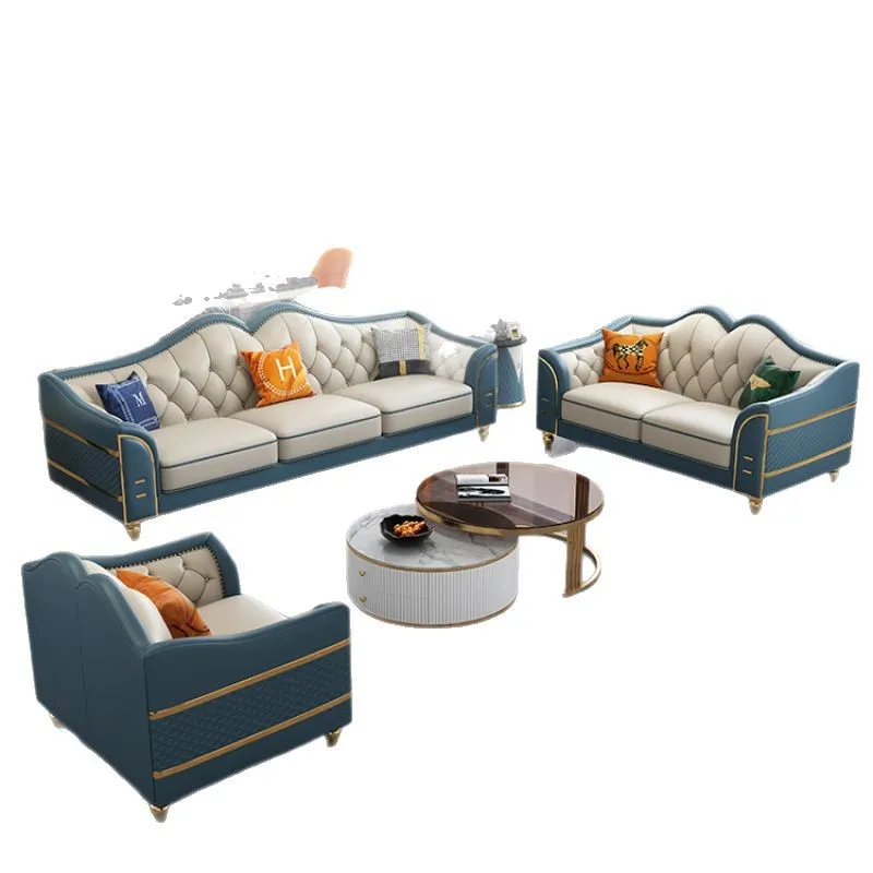 Light luxury first-layer cowhide leather sofa size apartment four-position straight row living room combination American buckle