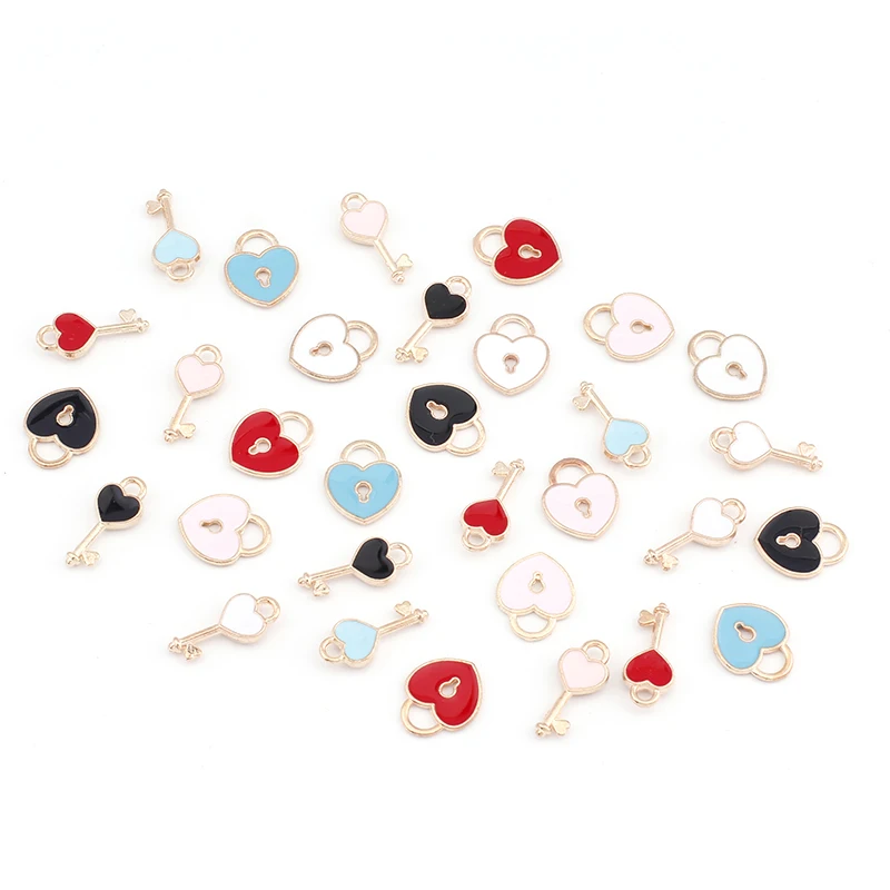 10Pcs Heart Key Lock Enamel Pendants Charms Love Couple Hanging Dangle Charm For DIY Bracelet Necklace Earrings Jewelry Making