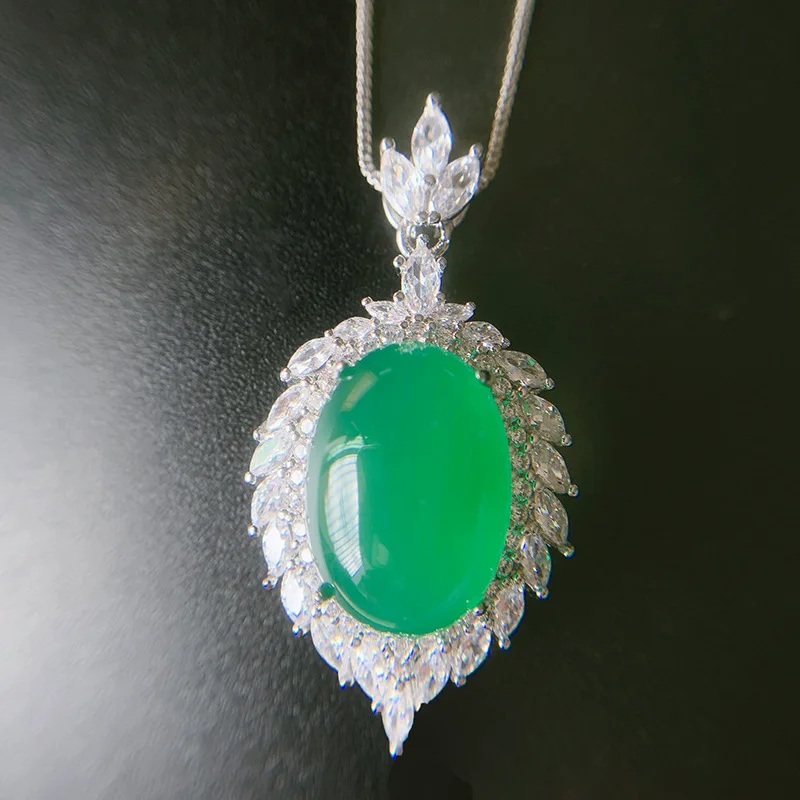 Jewelry Ice Fluorescent Egg-Shaped Chalcedony Pendant Ring Earrings Geometric Plain Jade Pendant Set