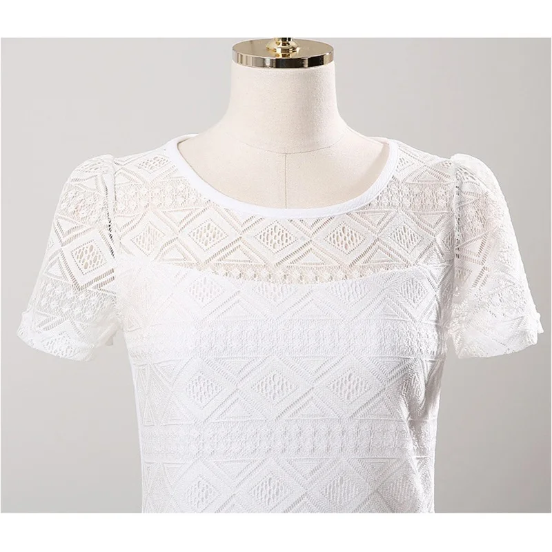 Women Blouse Lace Top O-Neck Short Sleeve Slim Female Tops Simple Solid Color Hollow Out Chiffon Shirt For Ladies Summer