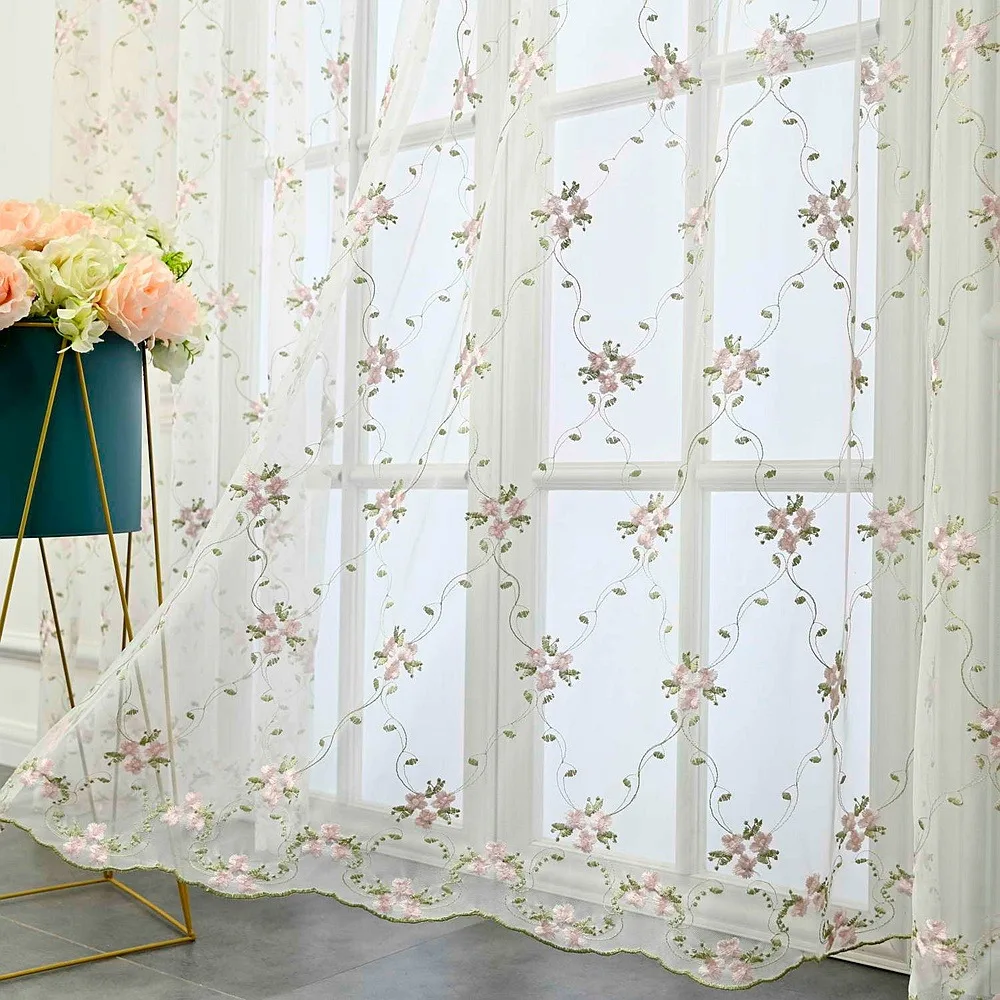 1pc Pastoral Pink Flower Embroidered Sheer Curtains for Bedroom Vintage Floral Lace Voile Drapes Window Treatment Nursery Decor
