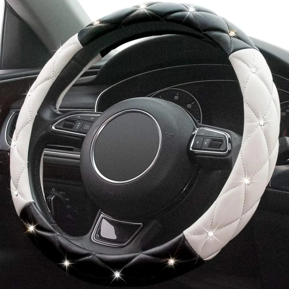 Pink Universal Car Steering Wheel Cover Crystal Rhinestones Black Red White Interior Fit Diameter 38CM 14.5-15 Inch For Women