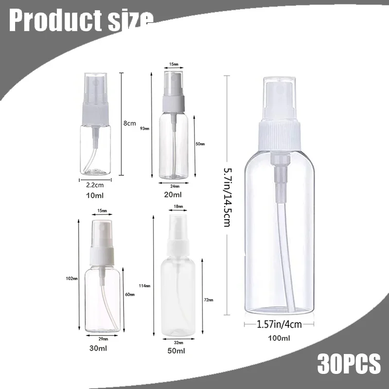 30pcs 10/20/30/50/100ml Empty Clear Plastic Spray Fine Mist Mini Travel Refillable Containers for Liquid Perfume Alcohol Bottles