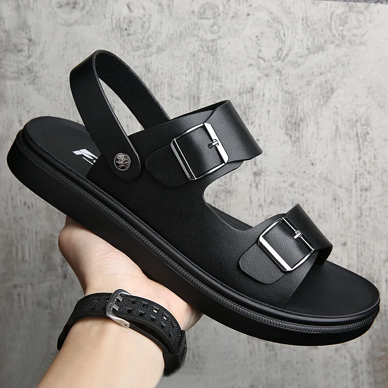 

FZNYL Men Genuine Leather Sandals Adjust Buckle Slip On Slides Shoe Non-Slip Rubber Sole Classic Black Flat Beach Slide Slippers