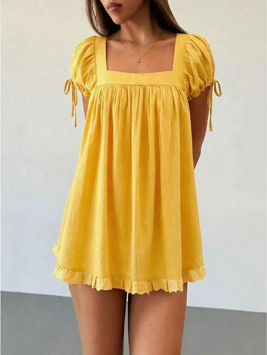 

Women Square Neck Mini Dress Summer Short Sleeve Babydoll Lace Trim Casual Loose Dress