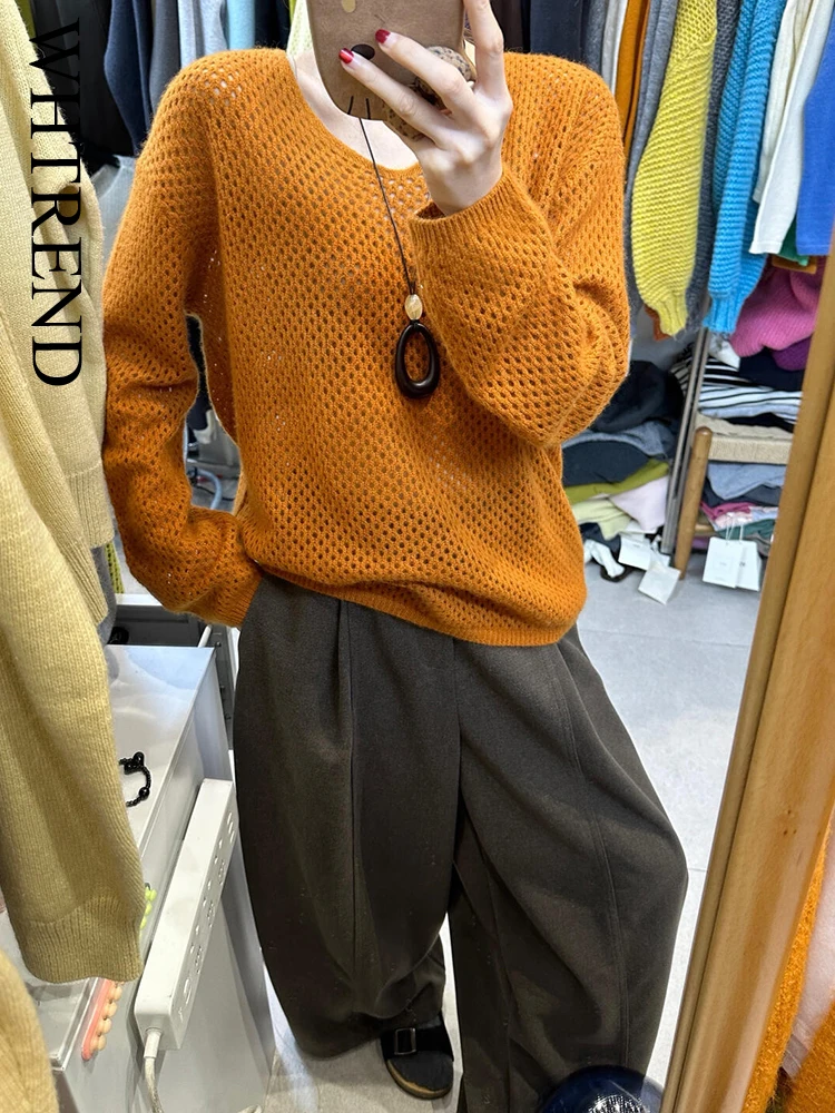 

WHTREND Hollow Out Wool Knitted Sweater 2025 Autumn Winter New V Neck Long Sleeves Solid Color Chic Pullover Korean Style WH1623
