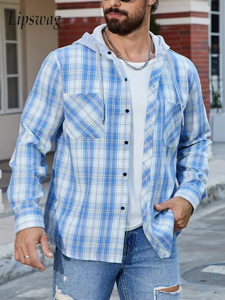 

Модные мужские клетчатые рубашки с длинным рукавом на пуговицах, кардиган с капюшоном, топы, мужские весенне-осенние уличные винтажные рубашки с капюшоном на шнурке, мужская рубашка