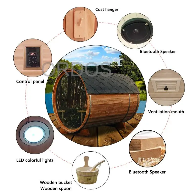 2023 Hot Sale Sauna Outdoor Red Cedar Wooden Traditional Barrel Sauna Room