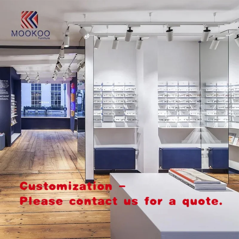 custom.Modern Optical Shop Interior Sunglasses Eyewear Display Wall with LED Lighting Customizable Design