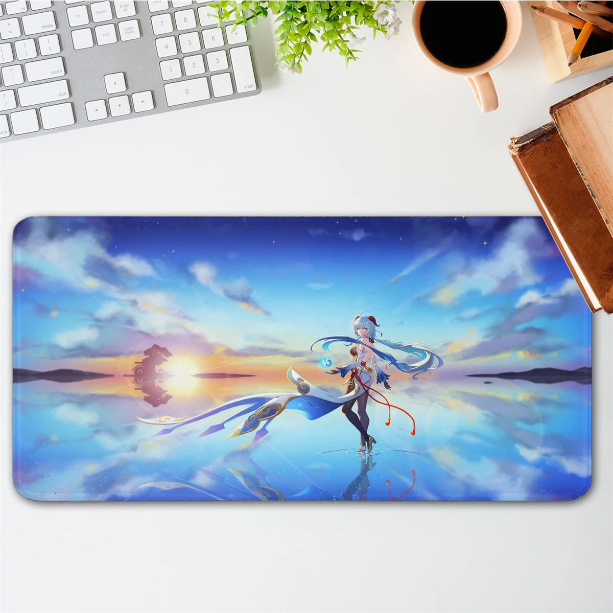 Anime Large Desk Mat XXL Blue Gaming Mouse Pad Genshin Impact Ganyu Game Mousepad for Gamer Non-Slip Computer Keyboard Pad