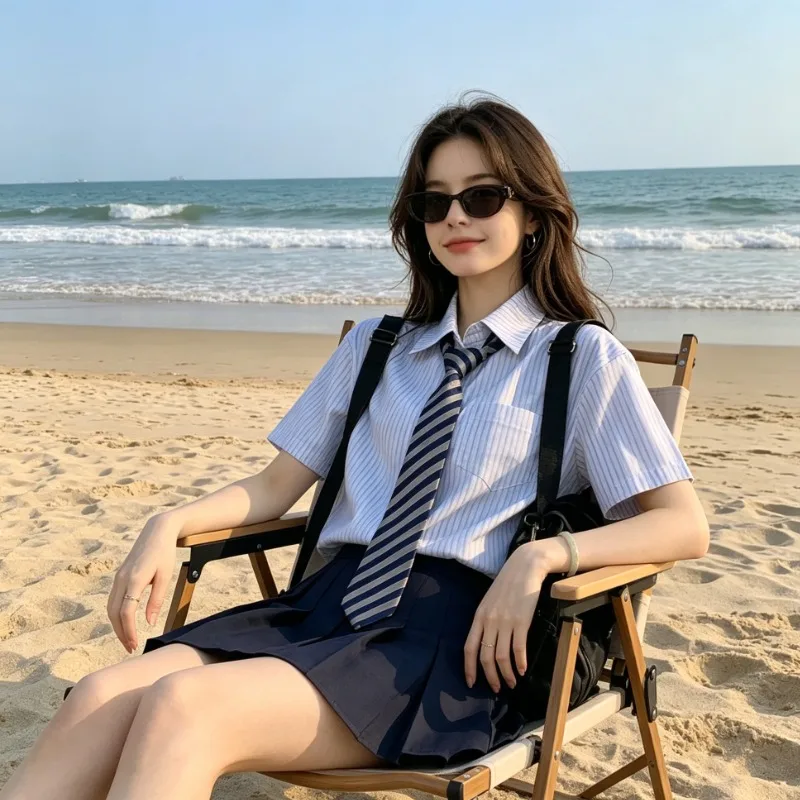 Summer College Style Striped Short Sleeved Shirt, Japanese College Uniform Style, Versatile Commuting for Girls on Campus