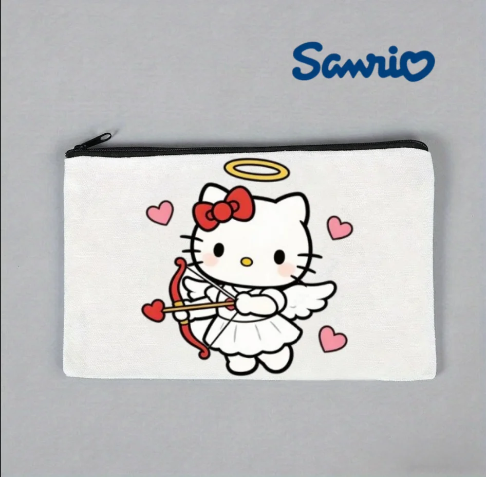 

1PC Cute Sanrio Hello Kitty Angel Halo Wings Canvas Cosmetic Bag Double-side Print Daily Portable Organizer