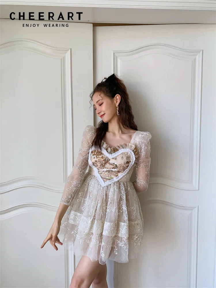 

CHEERART Tunic Mesh White Lace Ball Gown Tulle Corset Dresses Women Elegant Luxury Embroidery Heart Evening Dresses Autumn