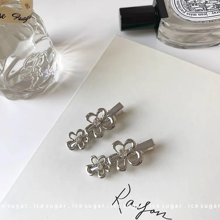 Hair Clip Silver Tone Rhinestone Flower Minimalist Edge Side Fringe for Women Daily Elegant Durable Premium Quality Lightweight