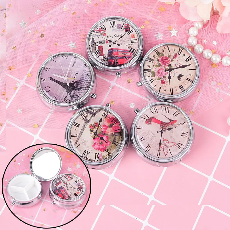 Sliver Tower Clock Round Shape Folding Pill Case Portable Pill Box Makeup Storage Container Metal Pill Cutter Medicine Organizer