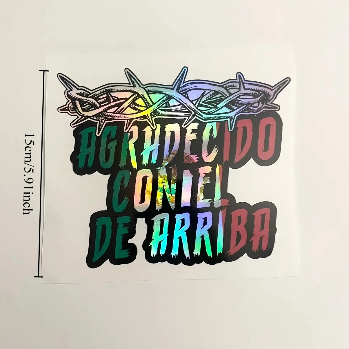 Thorn Crown Spanish Quote Sticker Agradecido Con El De Arriba Holographic Laser Vinyl Decal Waterproof Auto Window Laptop Decor
