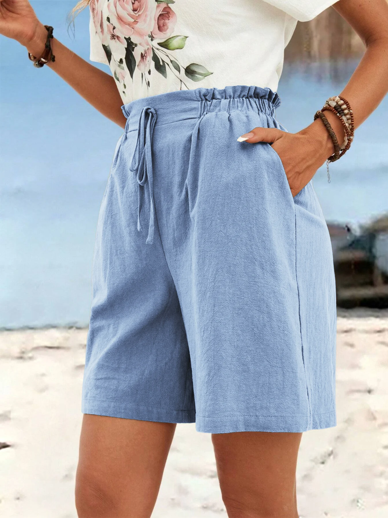 Damen-Shorts aus Leinen für Frühling und Sommer, einfarbig, lässig, sportlich, Dreiviertelhose mit Kordelzug – Detail 9