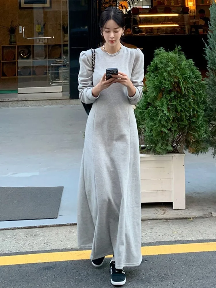 

Women's Korea Style Hoodie Dresses With Pockets Elegant Long Sleeve A-Line Midi Dress Autumn Casual Clothes Fashion Vestidos