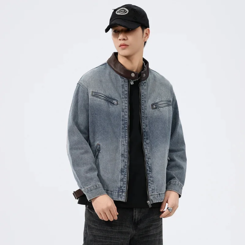 High-end American washed denim jacket men's fall new personality splicing tide blue casual tops