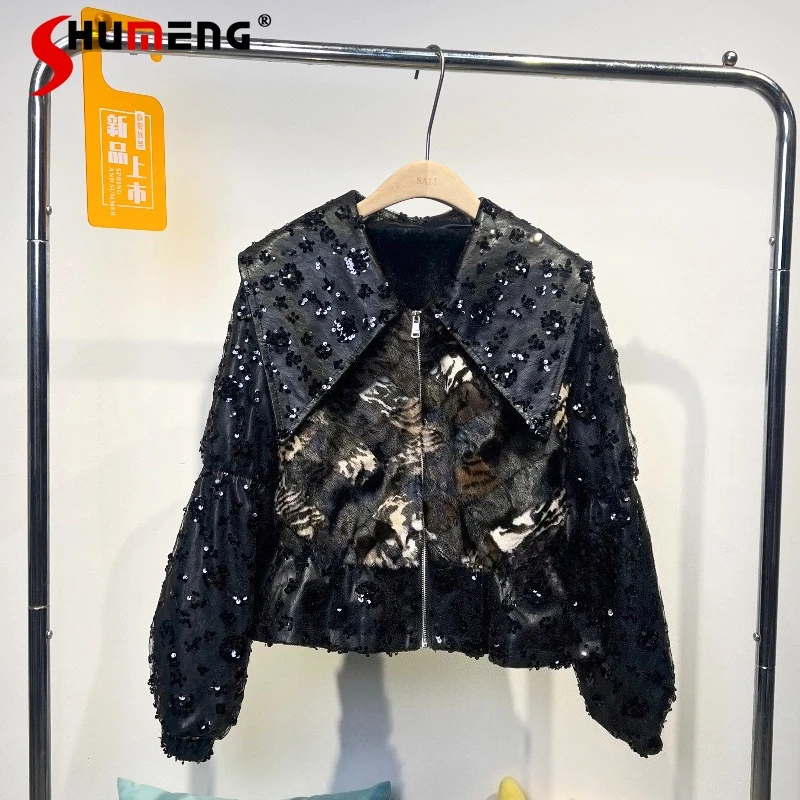 

Women 2025 Winter New Fur Integration Thickened Faux Fur Female Fashion Lace Splicing PU Leather Sequin Nice Chic Faux Fur Coats