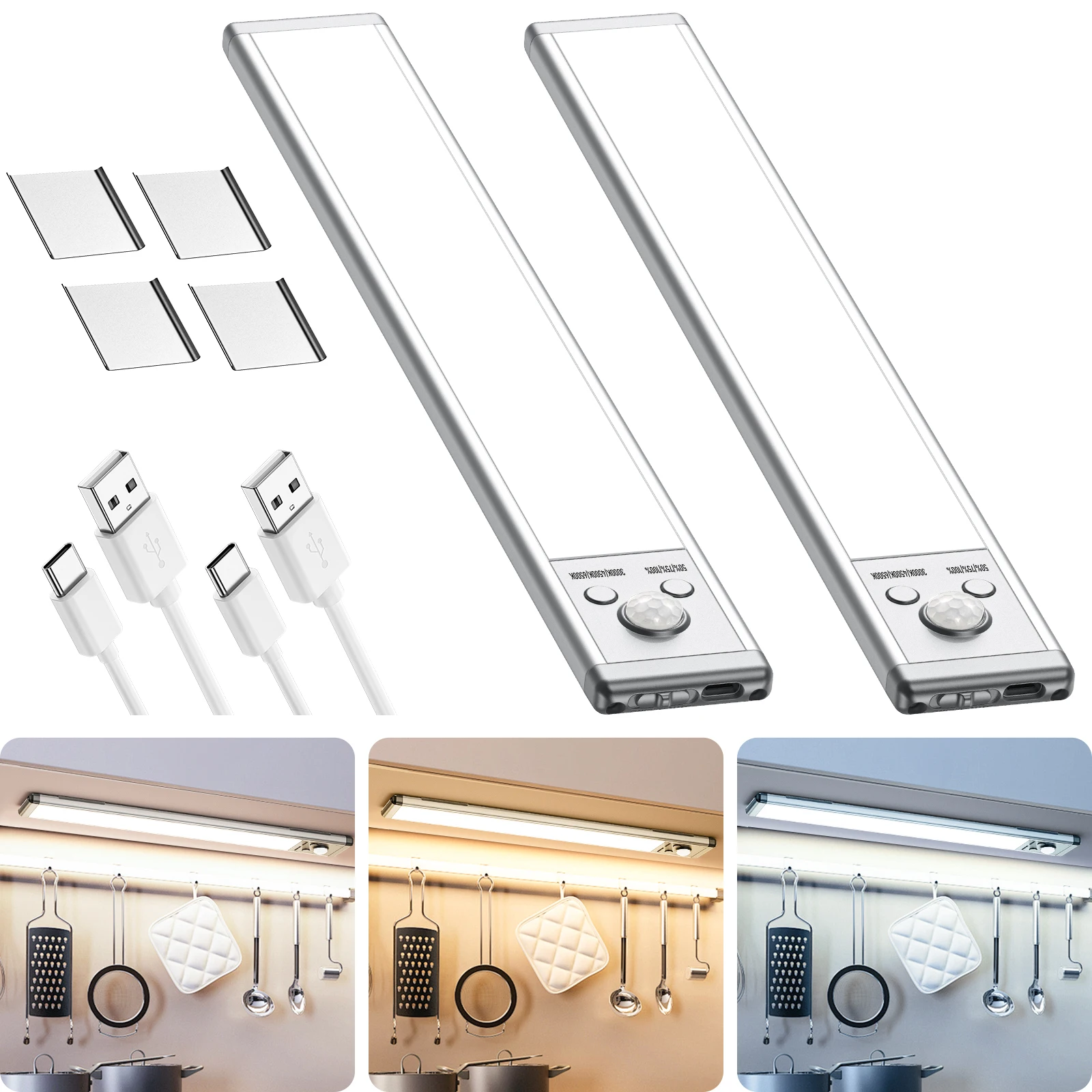 2-Piece Magnetic Cabinet Light Set, 76 LED Rechargeable Batteries, Motion Sensor Light, 3 Levels of Brightness