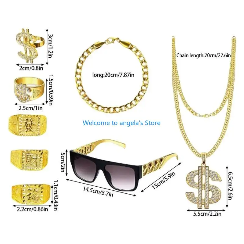 x4yc 80s 90s 의상 힙합 의상 키트 래퍼 액세서리 선글라스 골드 체인 링 할로윈 코스프레 파티 장식
