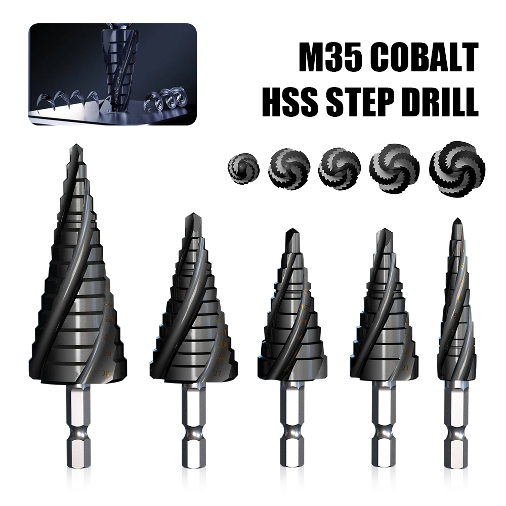 M35 Cobalt 4-Flute Step Drill Bit 1/4 in Metric Tapered Hex Shank for Stainless Steel Sheet Metal Wood Aluminum and Other Metals