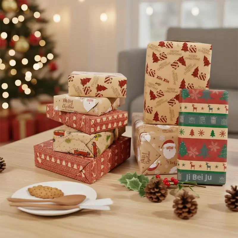 1 لفة من ورق تغليف عيد الميلاد - تصميم غزال لطيف، المخططين والأكواب، مناسبة للهدايا، هدايا مصنوعة يدويًا، تغليف الهدايا #3