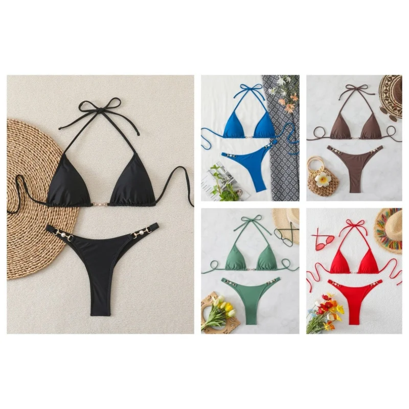 

Новый стиль бикини 2026 года - Европейский стиль, однотонный комплект из двух частей, раздельный купальник с чашечками