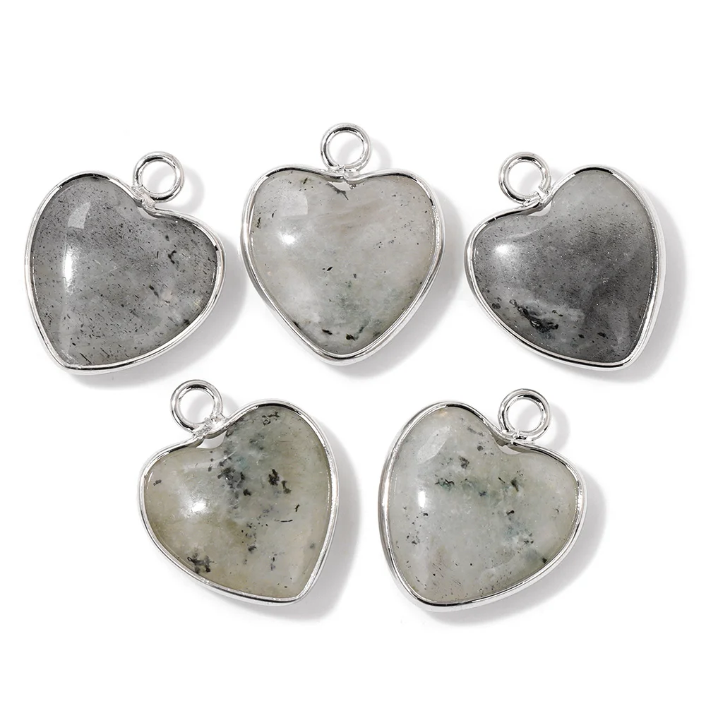 2PCS 15mm Silver Color Love Heart Shape Stone Pendants Natural Stone Labradorite Charm Pendant for DIY Necklace Bracelet Earring