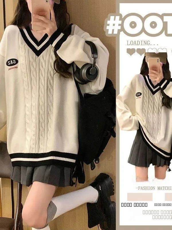 

Ele V-Ne Knitted Sweater Women's Loose Sle Autumn Faionable Twist Patterned Top Commute Fine Gauge Long Sve