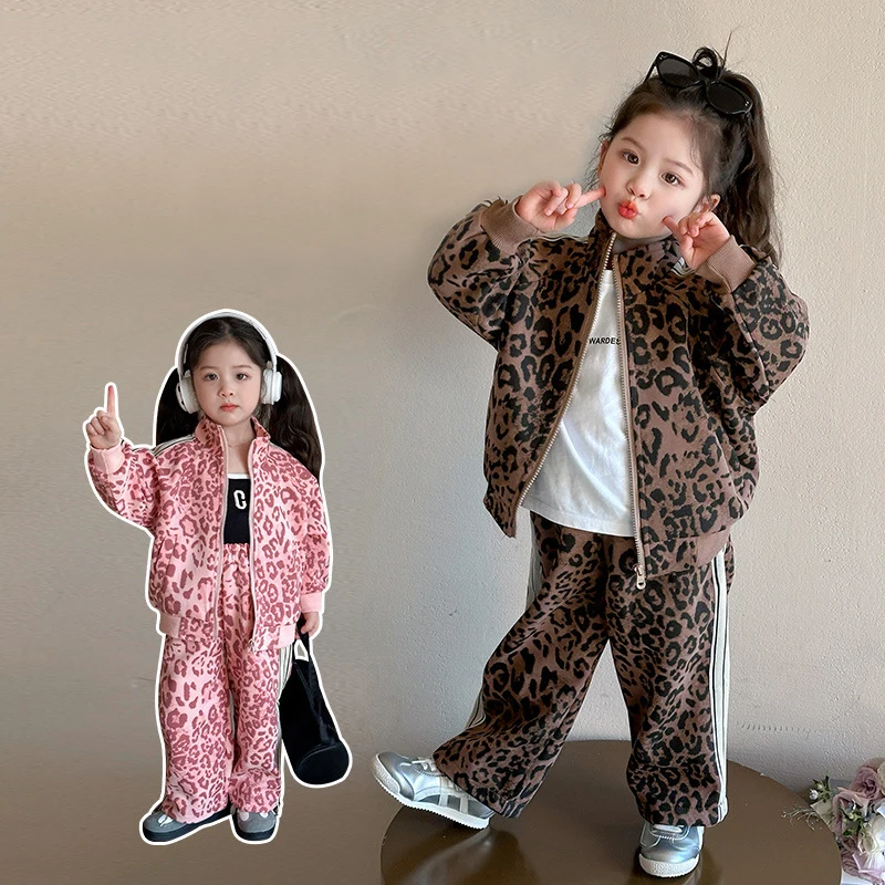 

Fashion Girls Leopard Pattern Sets For Children Spring And Winter Sport Suit Jacket+Pants Two Pieces Suits Girl Outfits Clothes