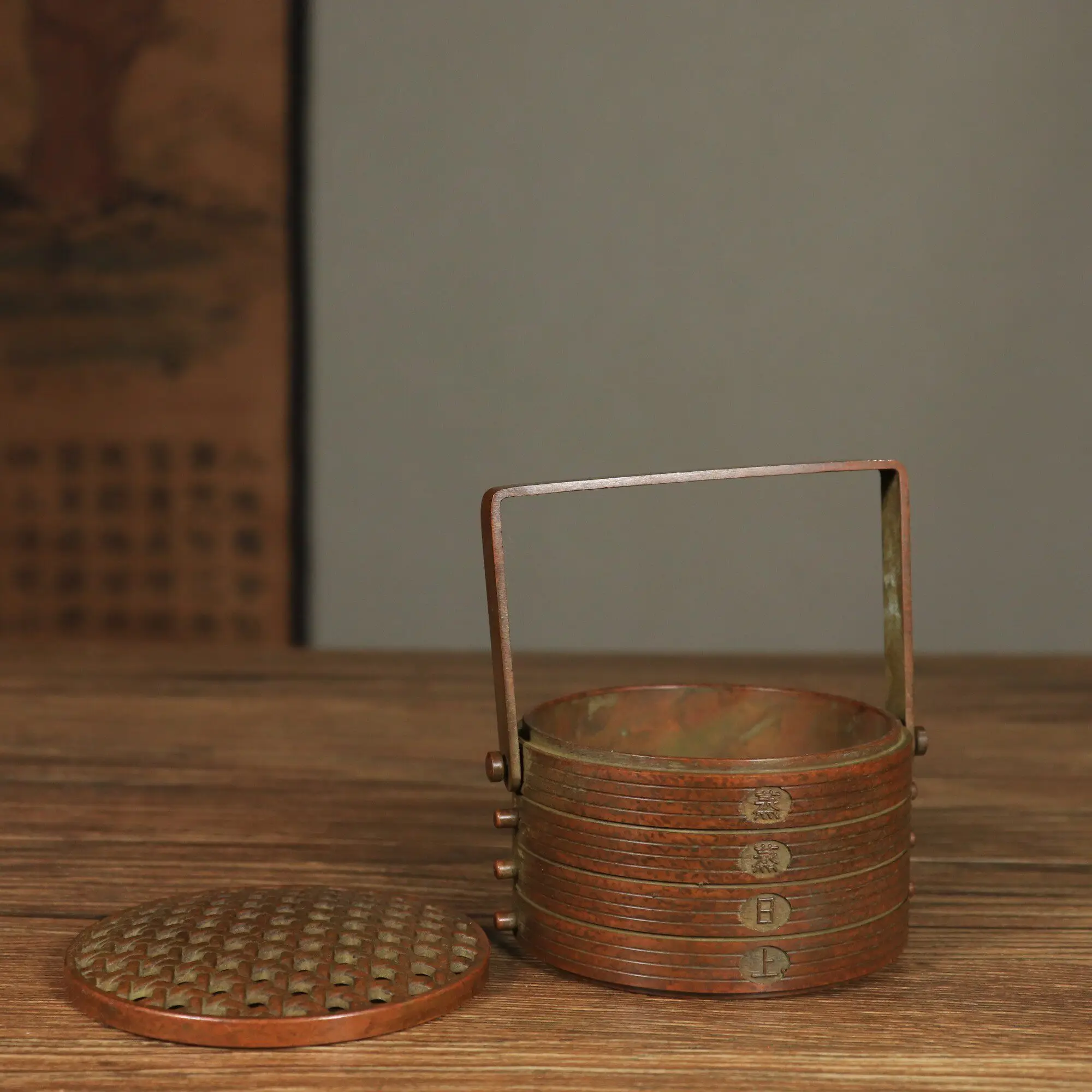 Réchaud portatif en cuivre de style chinois vintage avec cuiseur vapeur, symbole de prospérité et de chance, décoration d'intérieur pour salon