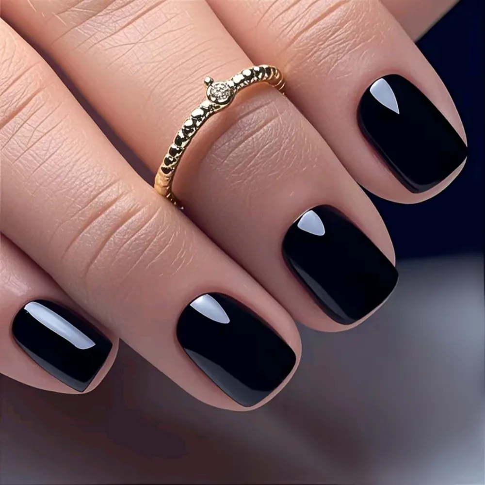 48Pcs Shiny Black Acrylic False Nail With Glue Short Square Shaped Press On Fake Nails Tip DIY Woman Finger Manicure Accessories