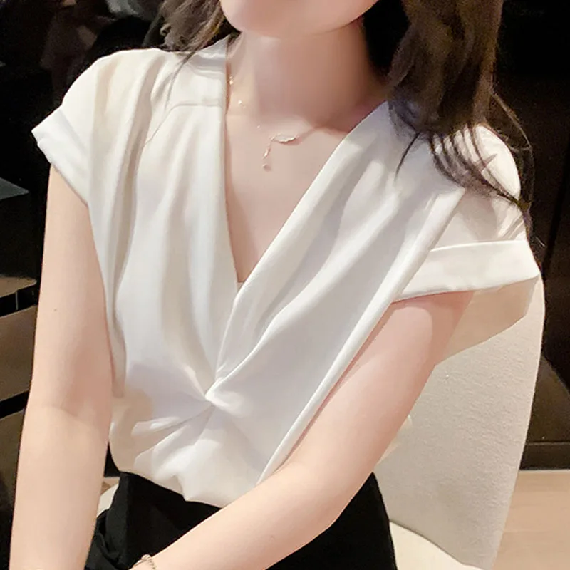 

2022 Summer French Style V-neck White Shirts Chiffon Short Sleeve Top and Blouses Women Clothing Solid Pullover office wear 1733