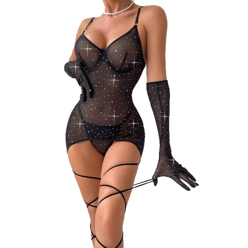 

Sexy Backless Short Bodycon Dress With Arm Cuffs Strappy Rope Mesh Lingerie Underwear For Girls Romantic Night
